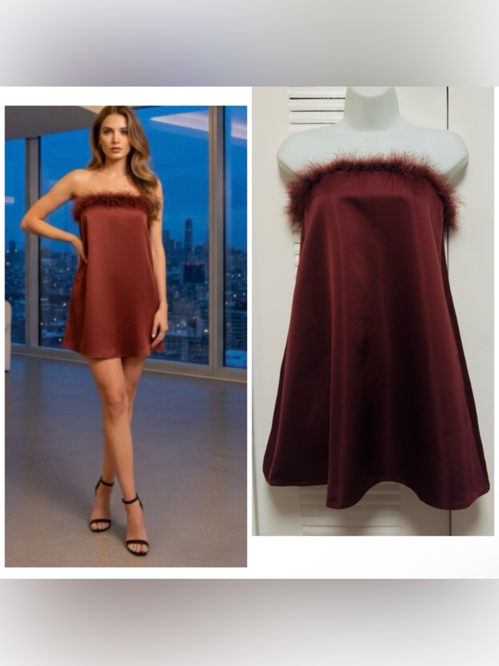 NWT WeWoreWhat Women’s Satin 100% Ostrich Feather Strapless Mini Dress Maroon